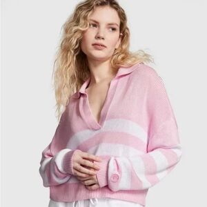 PINK Victoria's Secret Light Pink and White V-Neck Sweater